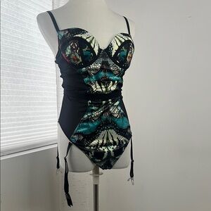 Thistle & Spire Black and Teal butterfly Patterned Bustier Bodysuit L garter